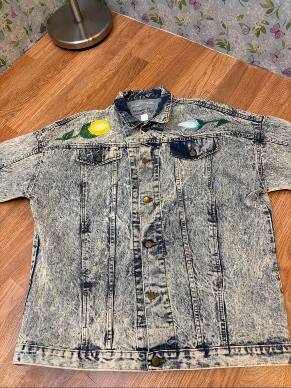 Vintage 1980’s Hand Painted Acid Wash Denim Jacket Lemons & Flowers. Size XL.